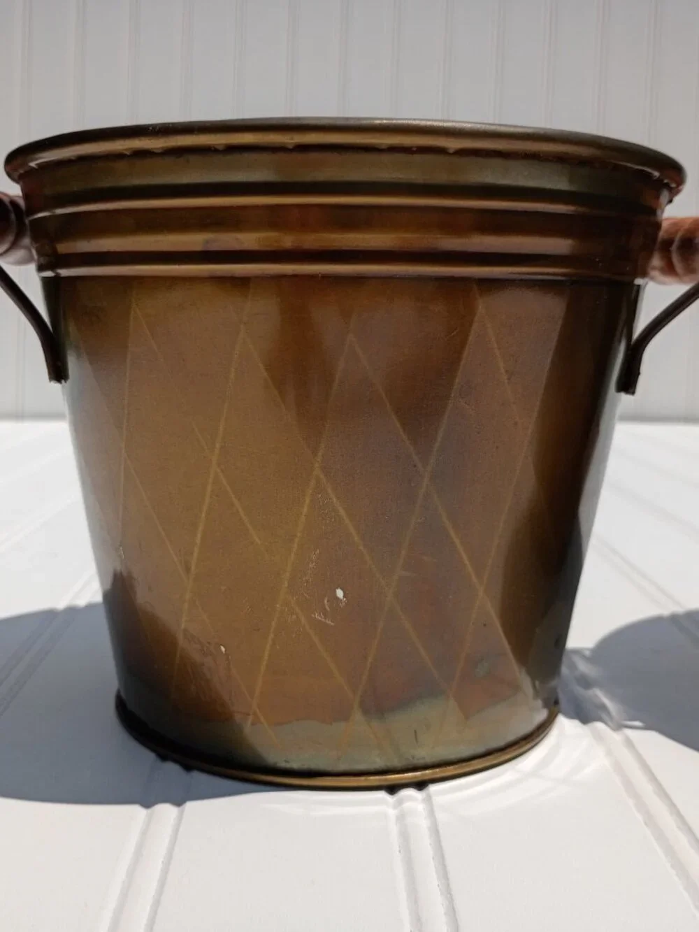 Vintage Brass Planters with Wooden Handles Set of 2 Diamond Pattern Pot Cachepot